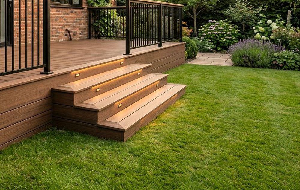 Wide deck steps with lights in the risers and a neat fascia board