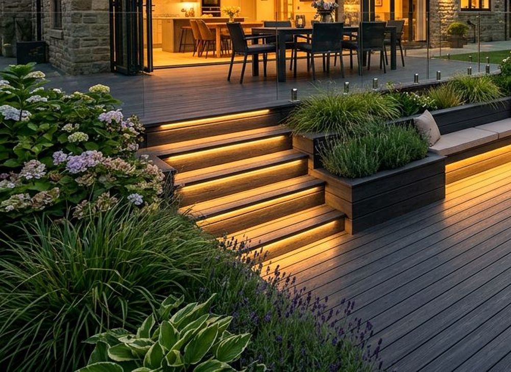 Close view of lit deck steps and a built-in bench at dusk