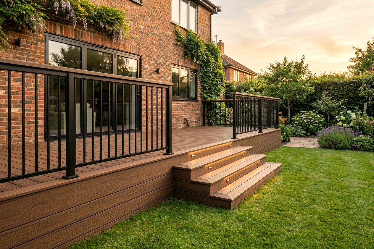A raised brown deck with wide steps, lit risers and a black balustrade in evening sun
