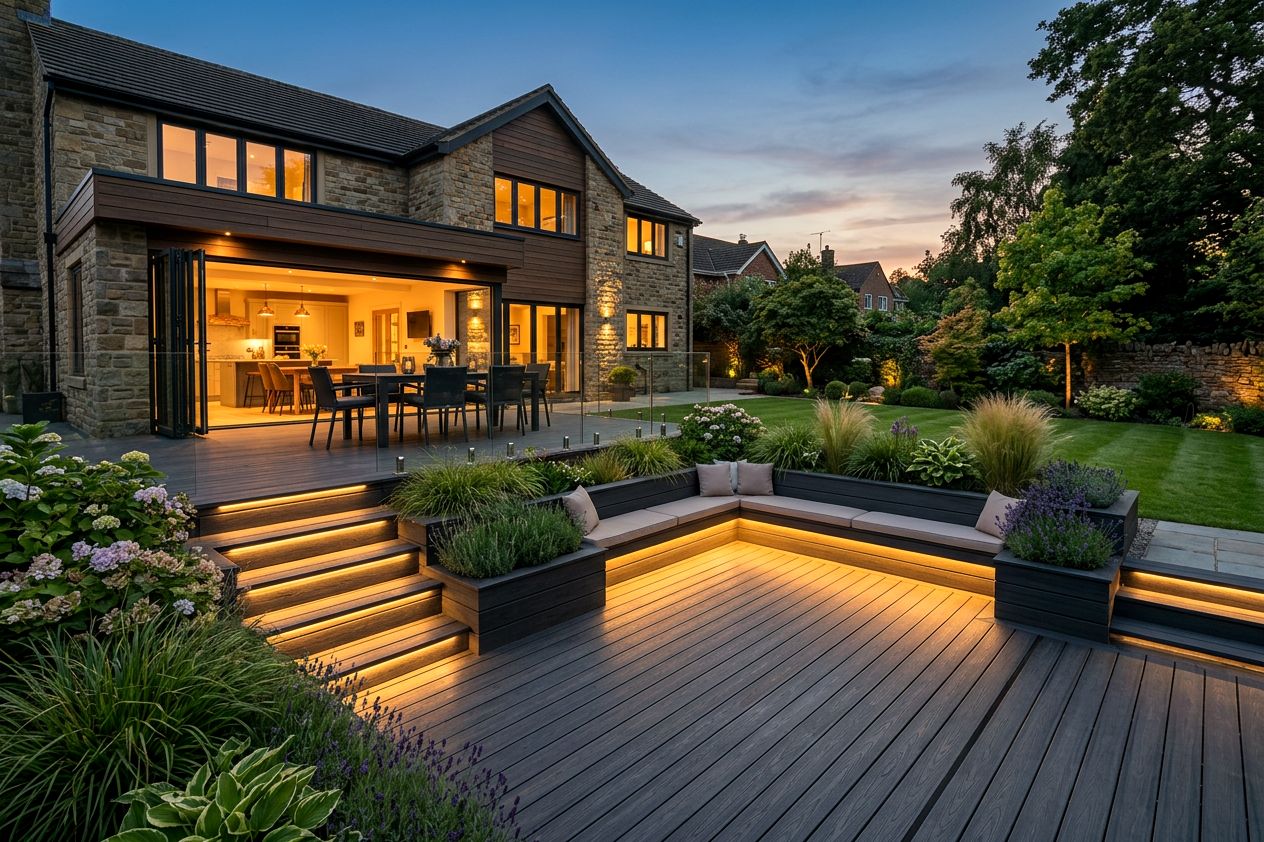 A two-level charcoal deck at dusk with built-in benches, planters and warm lighting